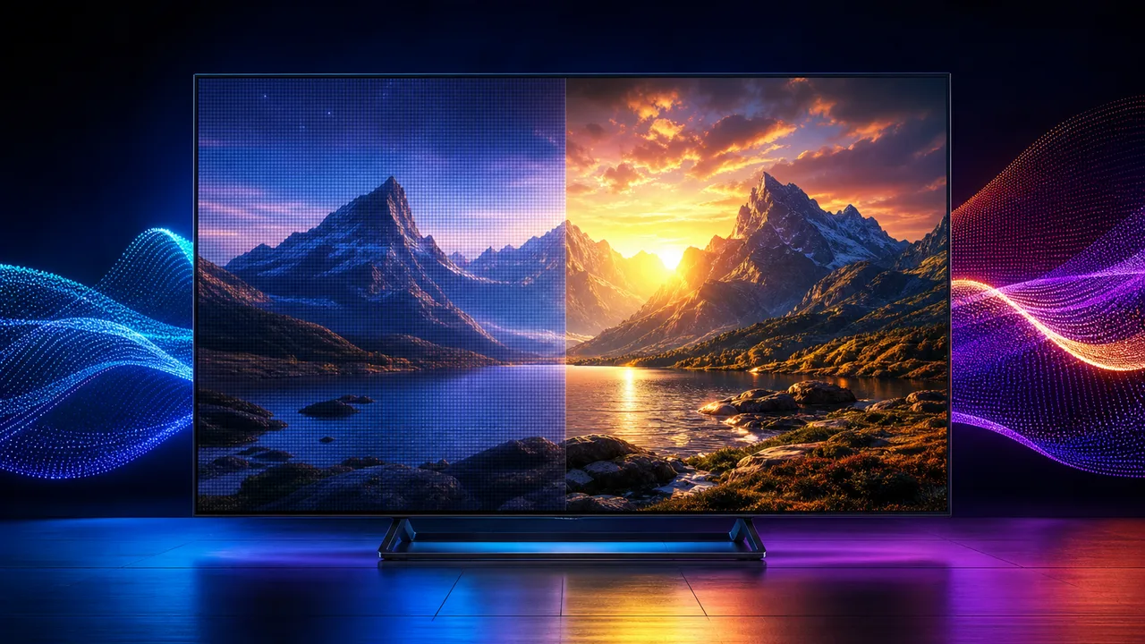 Ultra HD television showing a detailed 4K streaming image in a modern American living room