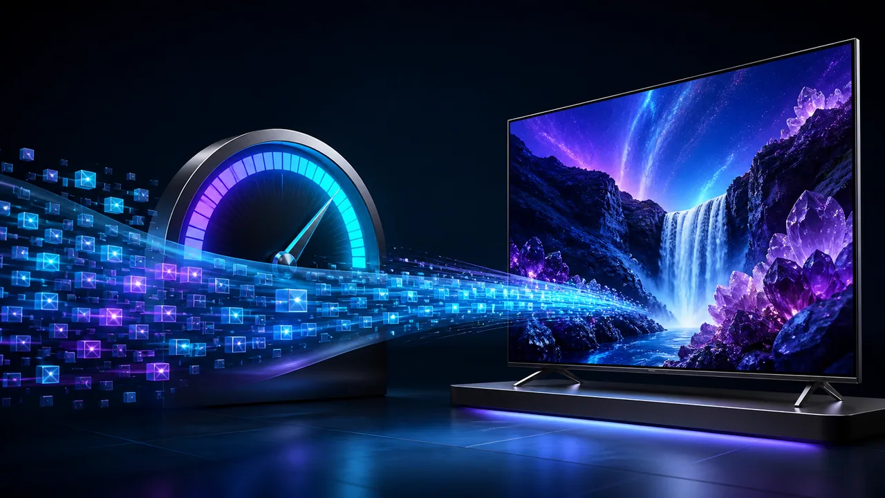 Abstract data stream passing through a bandwidth gauge toward a television with a detailed 4K image