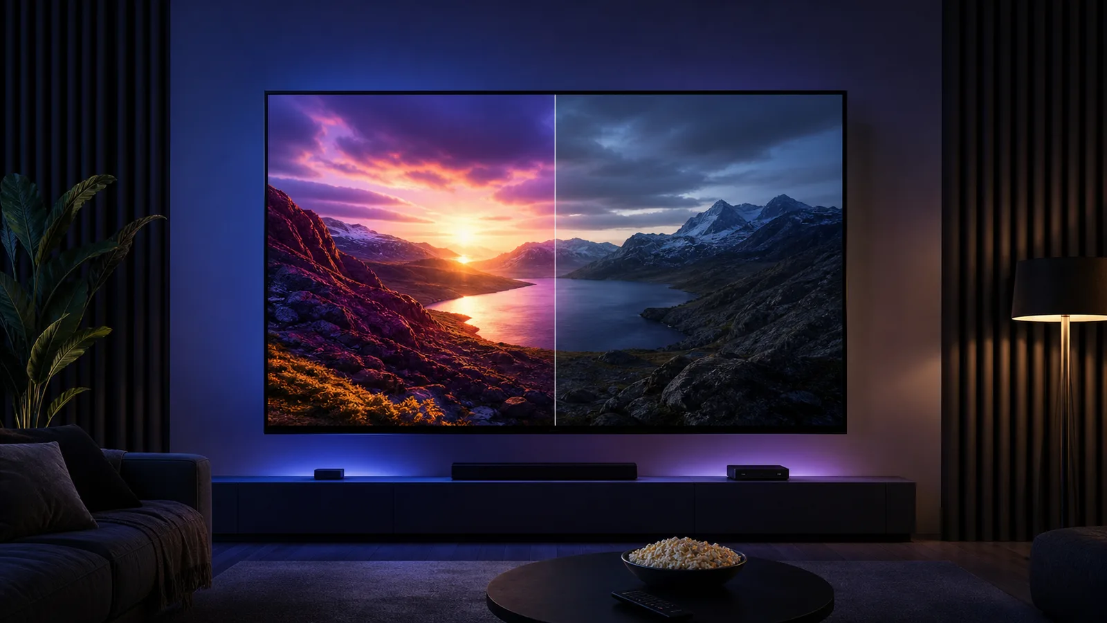 Home cinema television showing two contrasting treatments of the same mountain landscape