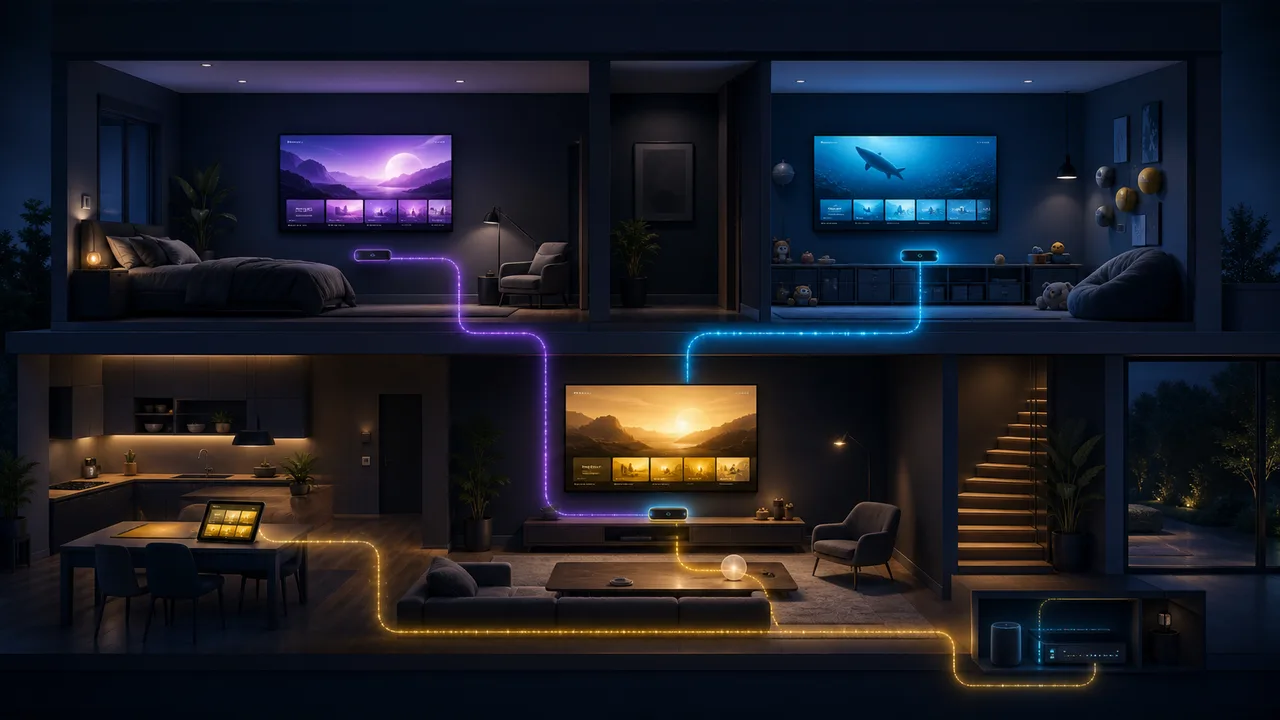 Cutaway modern home with several televisions connected through glowing network paths