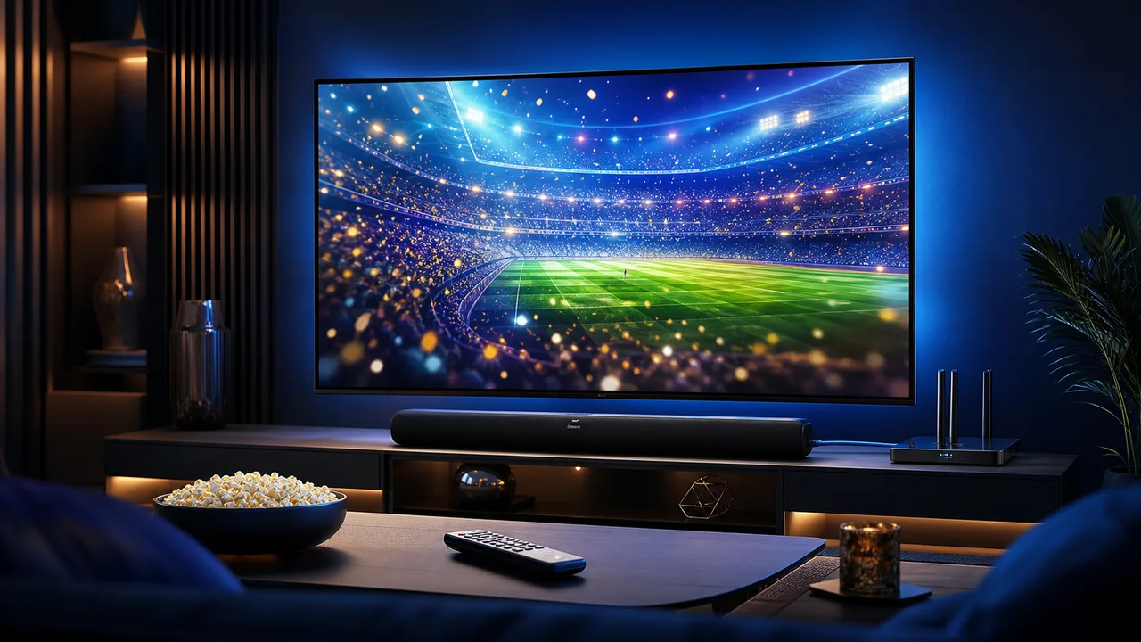 Midnight-blue home cinema prepared for live sports with television, router and remote
