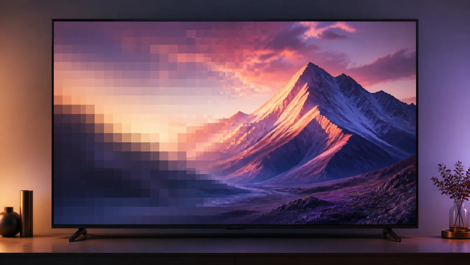 Television showing an abstract mountain scene changing from coarse pixels into refined detail
