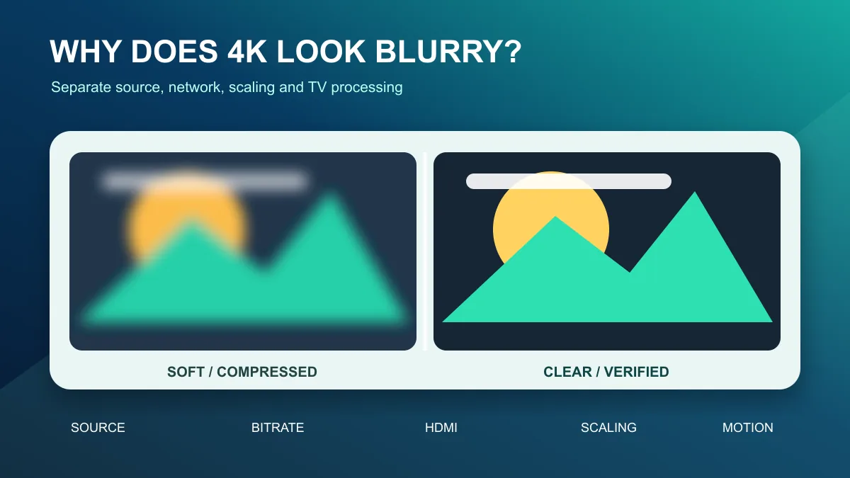 Original split-screen diagram comparing a soft 4K streaming picture with a clear picture after source, network and display checks